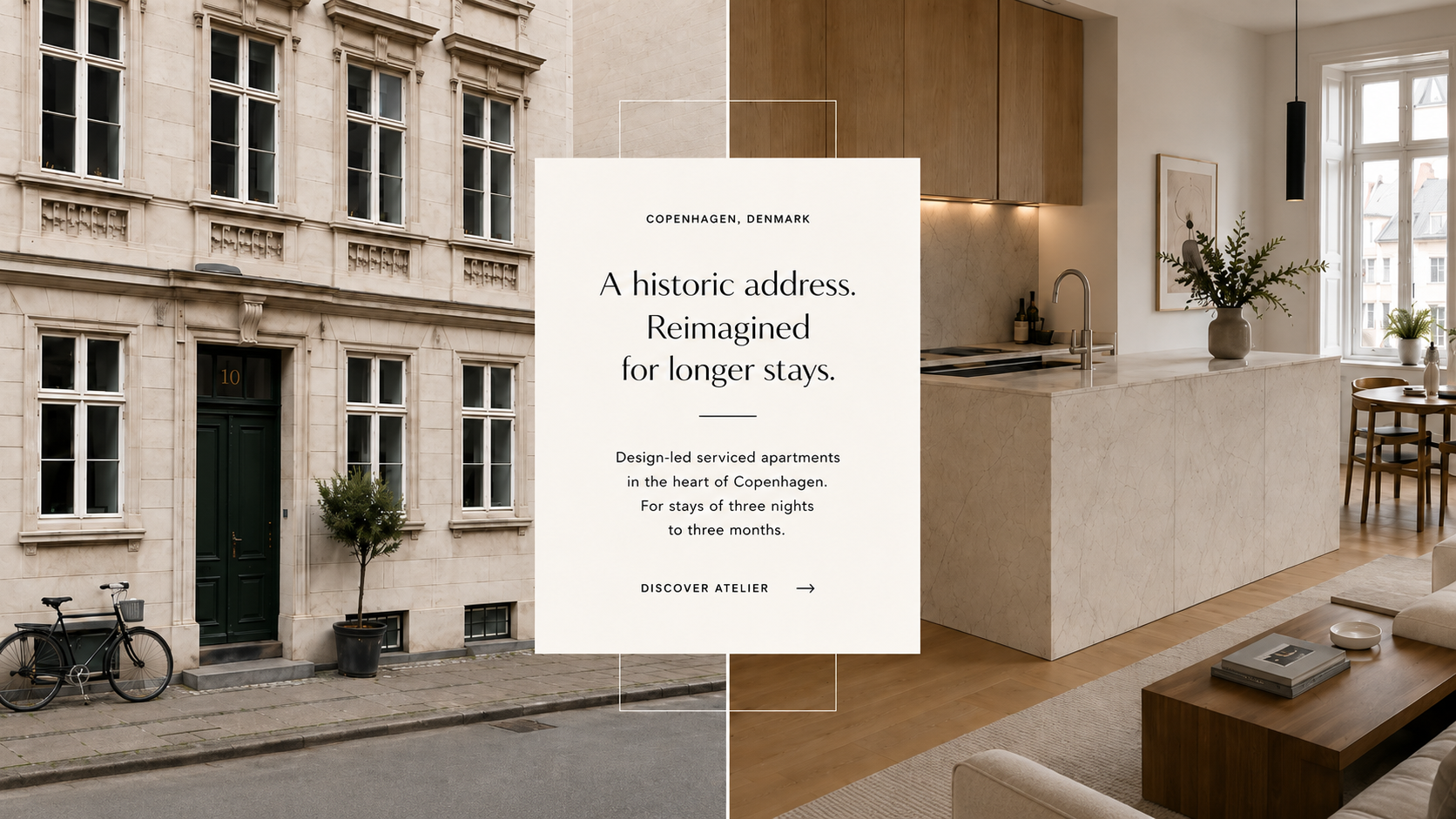 Atelier Residences hero showing a historic Copenhagen facade beside a refined apartment interior with central editorial welcome panel