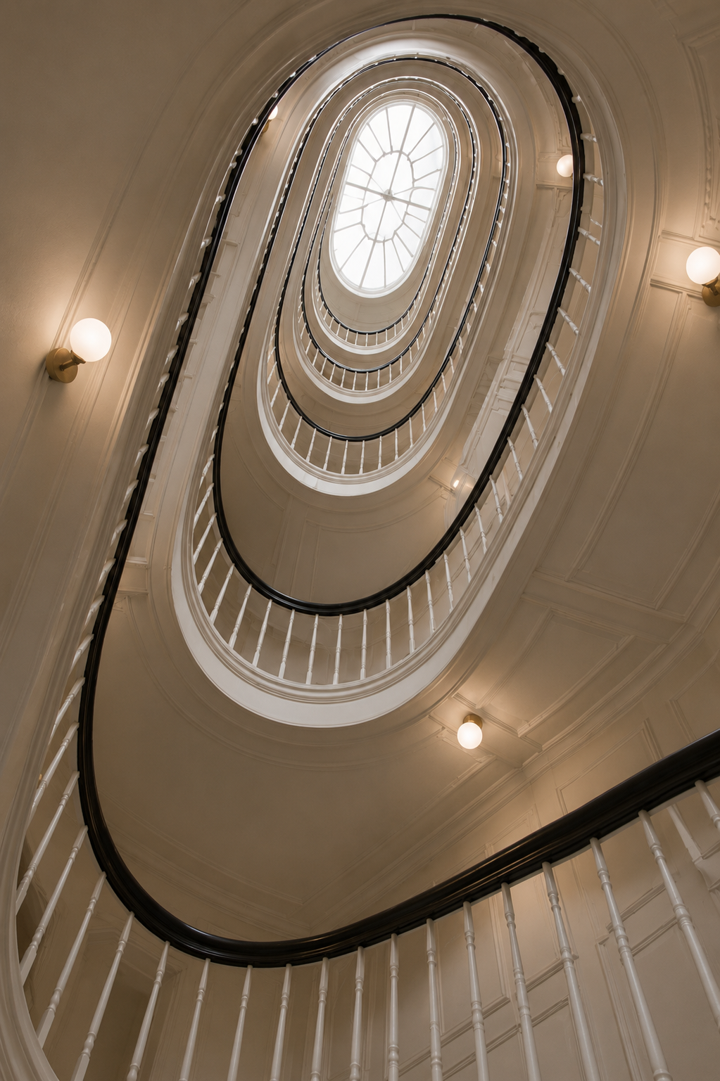 Elegant restored stairwell viewed upward toward an oval skylight