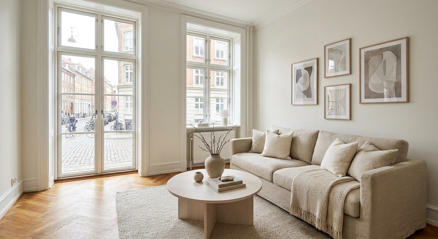 Light-filled one-bedroom apartment with Copenhagen street views and warm Scandinavian furnishings