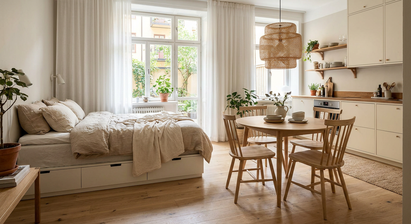 Warm Scandinavian courtyard studio apartment with natural linen, dining table, pendant light and kitchenette