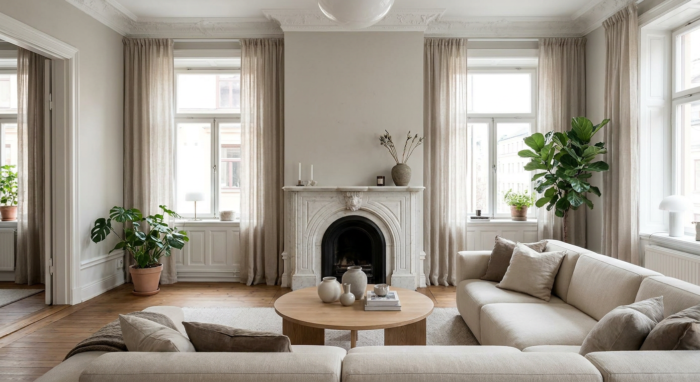 Spacious heritage suite with marble fireplace, tall windows and classic Nordic details
