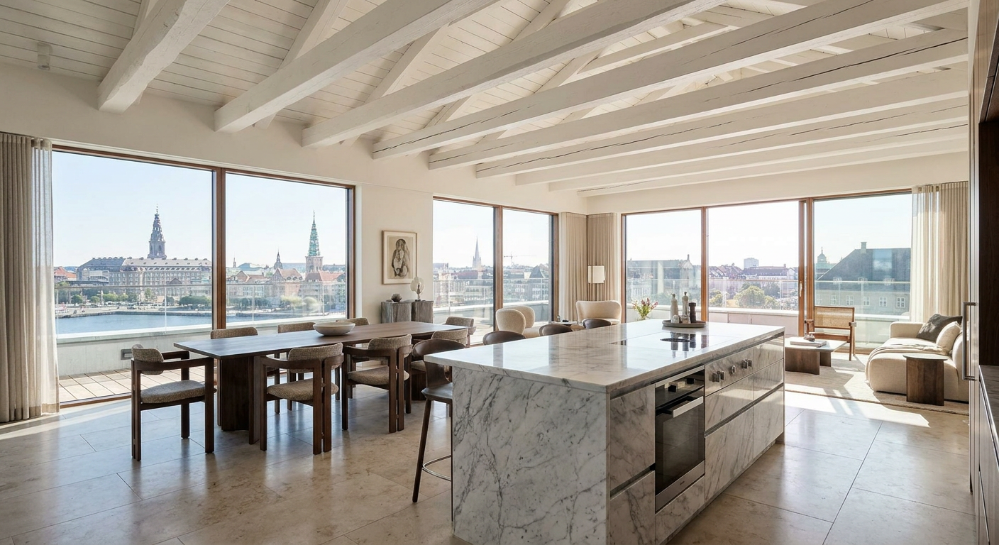 Penthouse residence with marble kitchen, rooftop views and refined natural materials