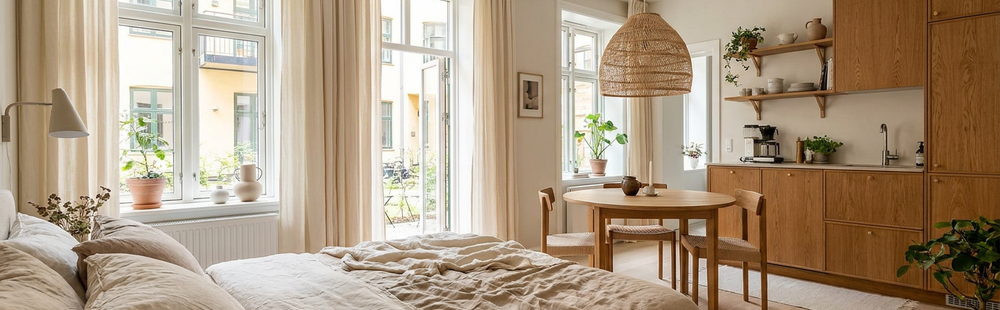 Warm Scandinavian studio apartment with soft bedding, dining area and kitchenette