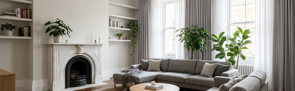 Heritage apartment living room with fireplace, sofa and classic Nordic windows
