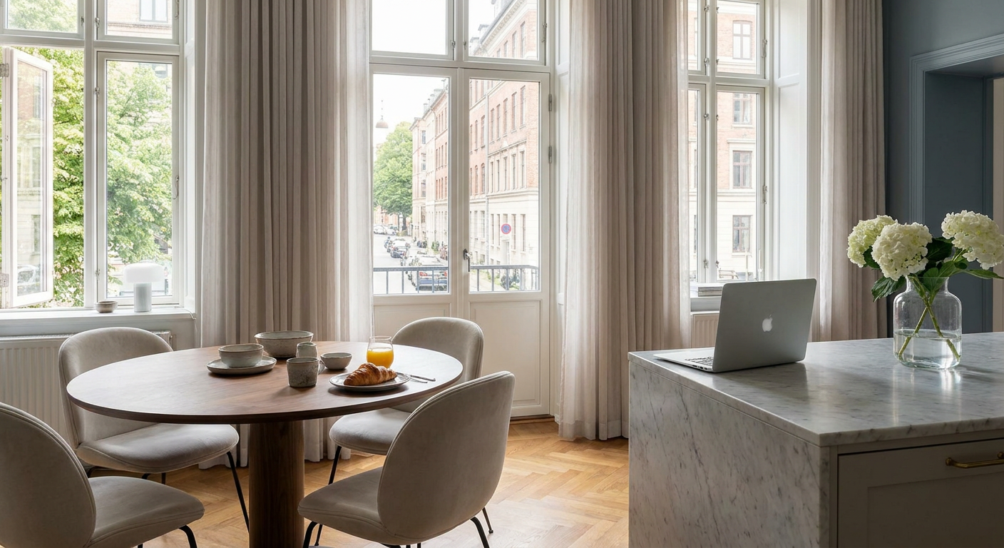 Warm Copenhagen apartment dining room with laptop, flowers and soft window light