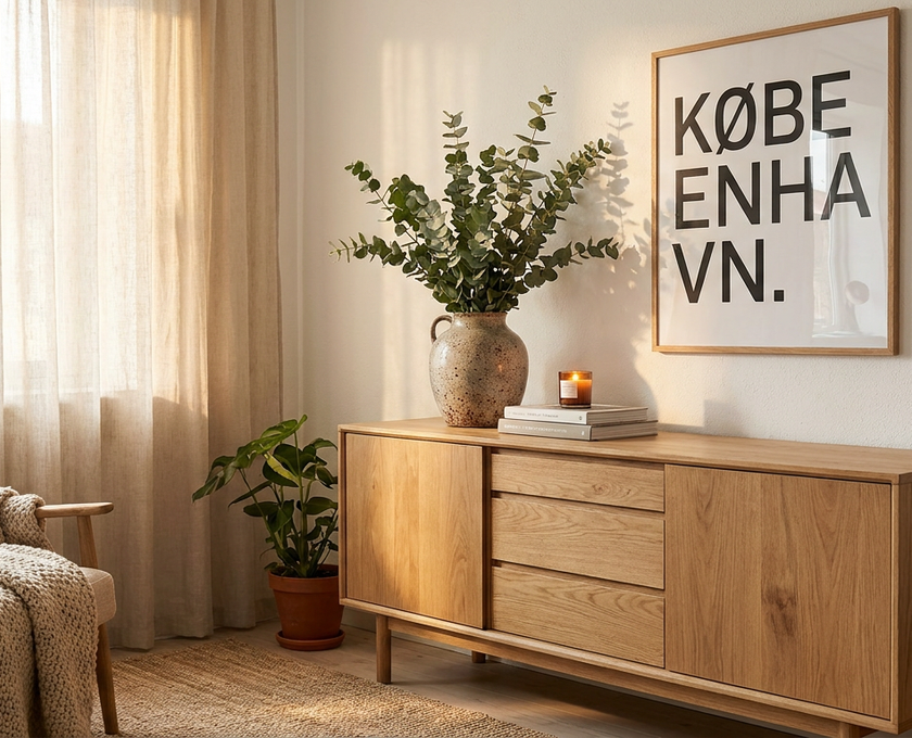 Warm Scandinavian apartment detail with print, sideboard, plants and soft light