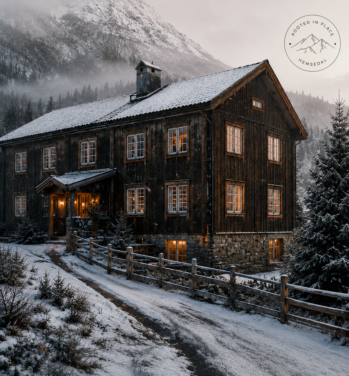 Snow-covered Fjellro House lodge beneath the Hemsedal mountains