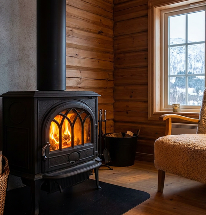 Timber lodge room with fireplace and armchair
