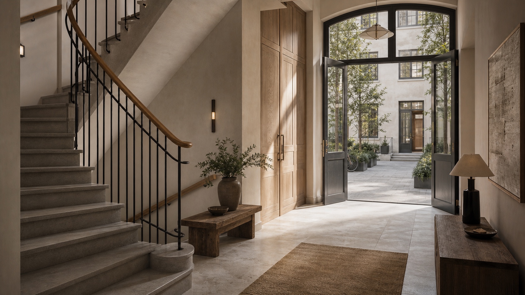 Restored staircase rising into an oval skylight inside Atelier Residences