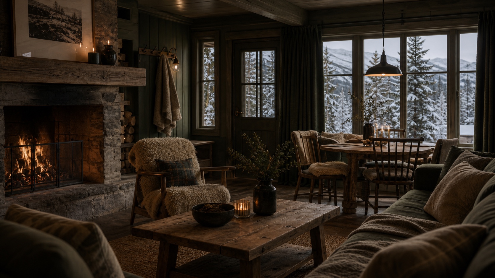 Timber lodge interior with armchair pulled close to a low fire