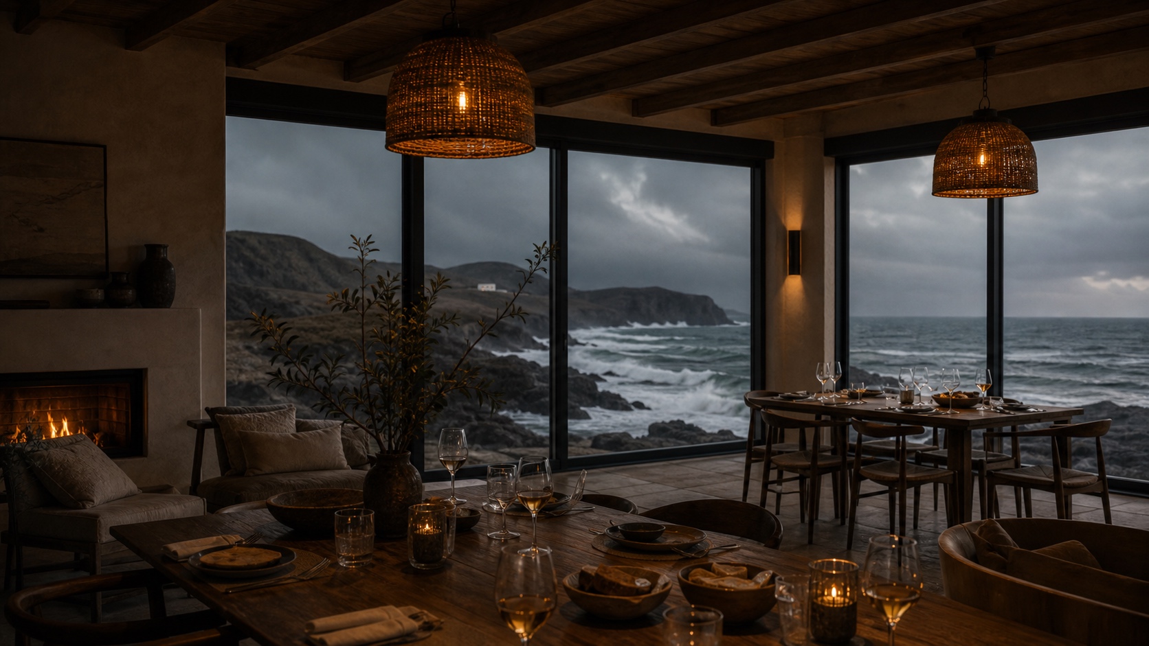 Coastal lodge perched above stormy cliffs at dusk