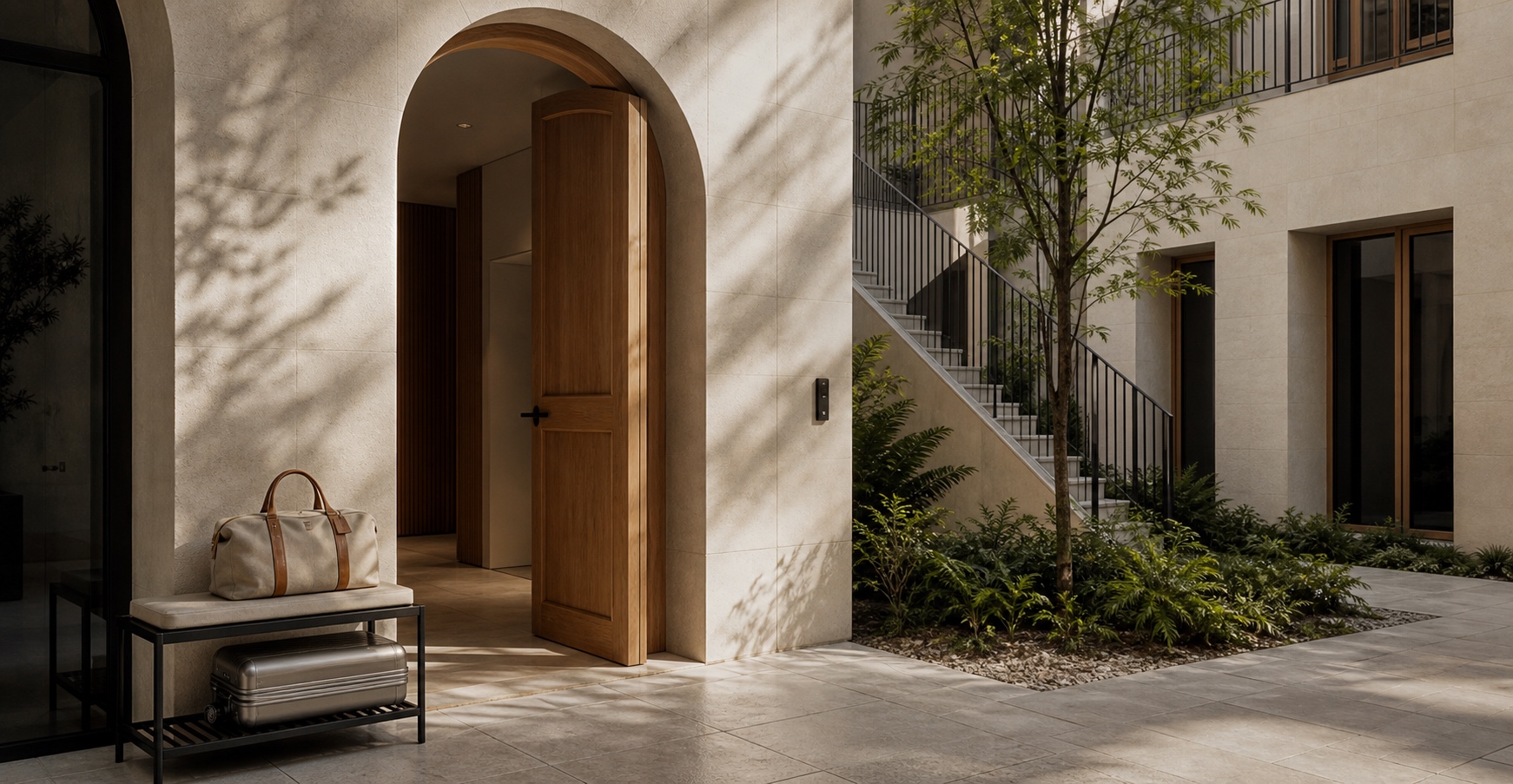 Calm oak-lined arrival hall with a luggage bench in soft morning light