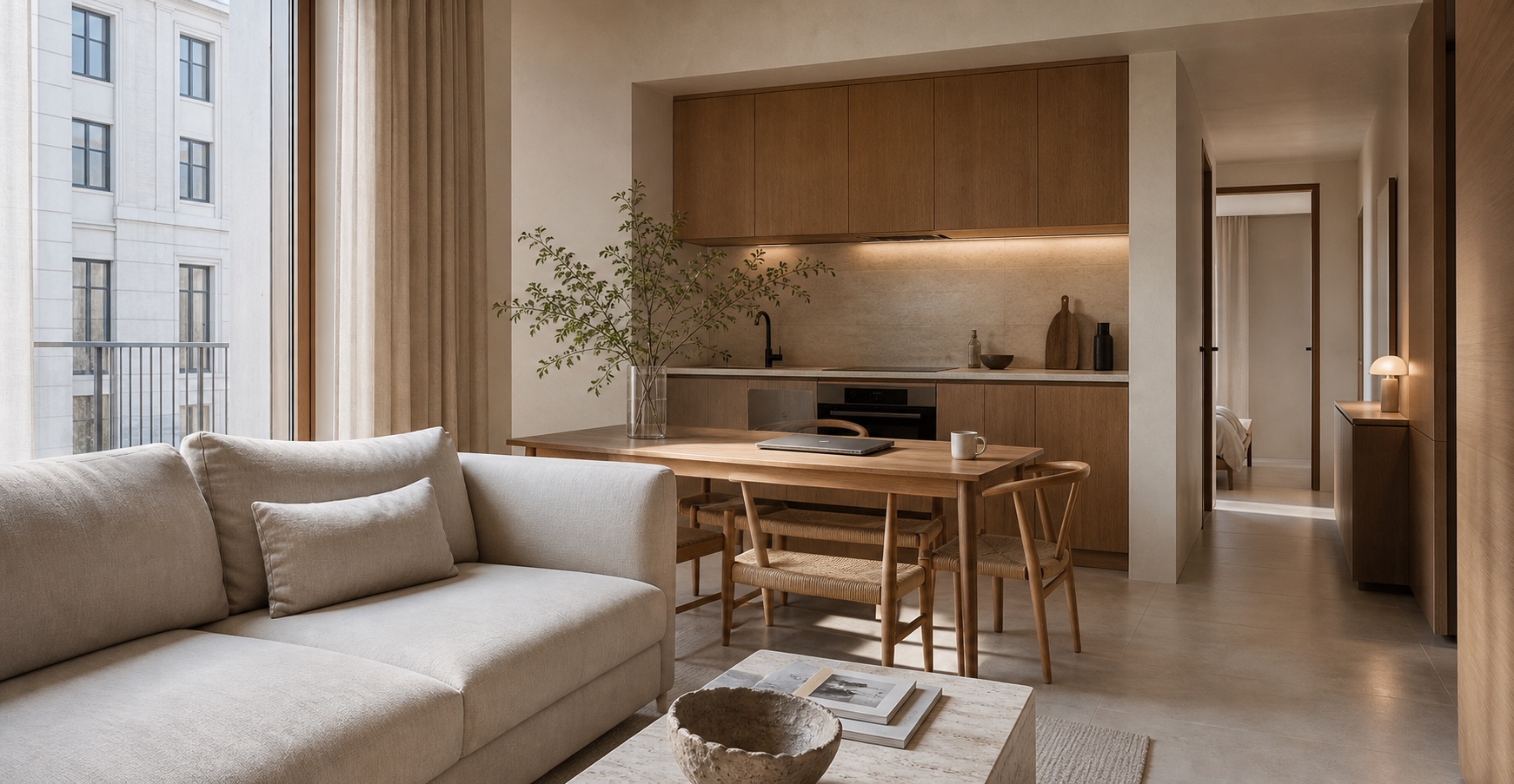 Long-stay living room with a linen sofa, oak dining table, and compact kitchen