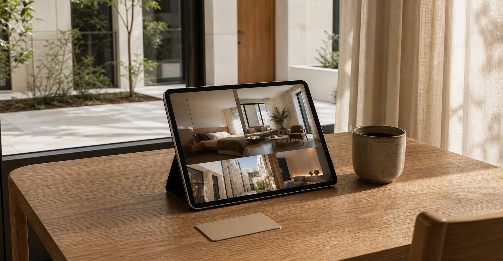 A tablet on an oak table showing apartment photography and availability, the courtyard beyond