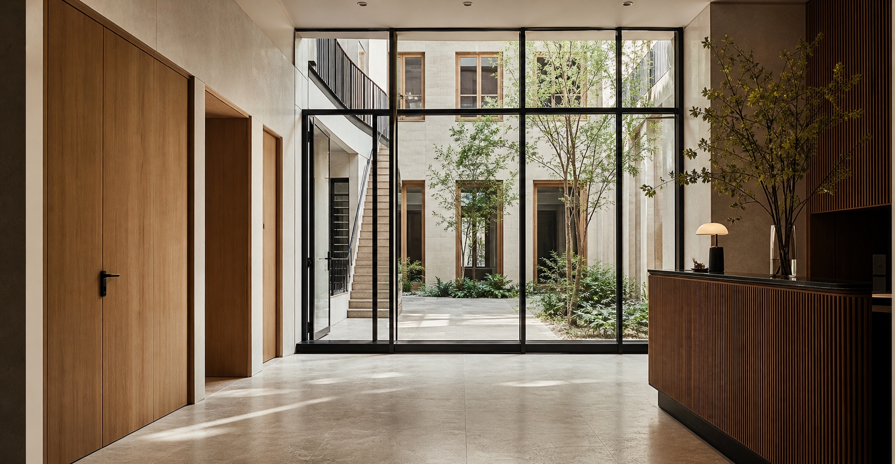 Oak and black-steel entrance opening onto a planted courtyard at Atelier Residences