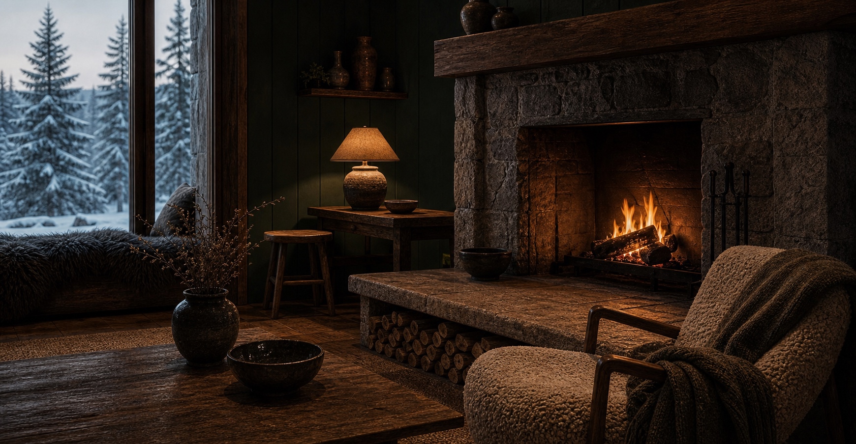 Stone hearth with stacked firewood, a wool armchair, and a forest-green wall