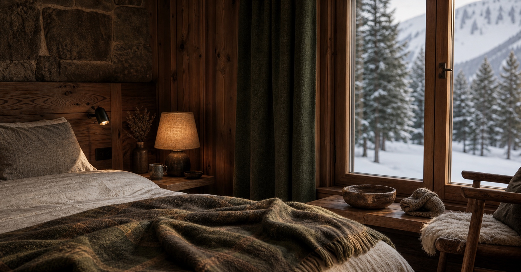 Timber room with a wool blanket, warm lamp, and snowy pines through the window