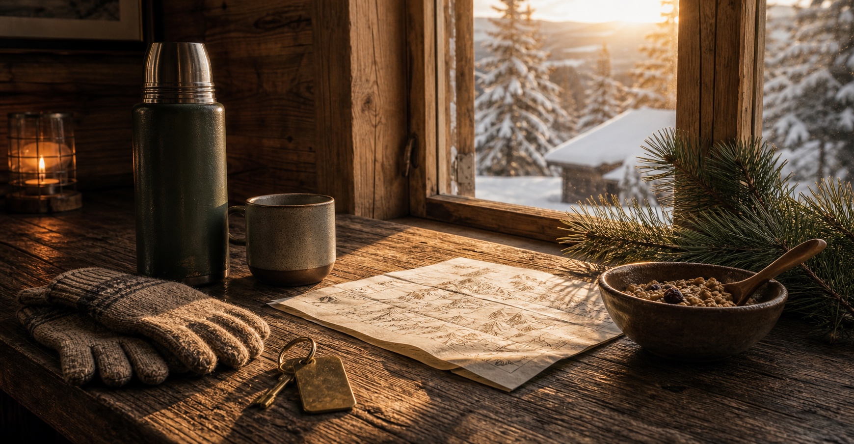 Breakfast table with a thermos, wool gloves, brass key, and a folded trail map