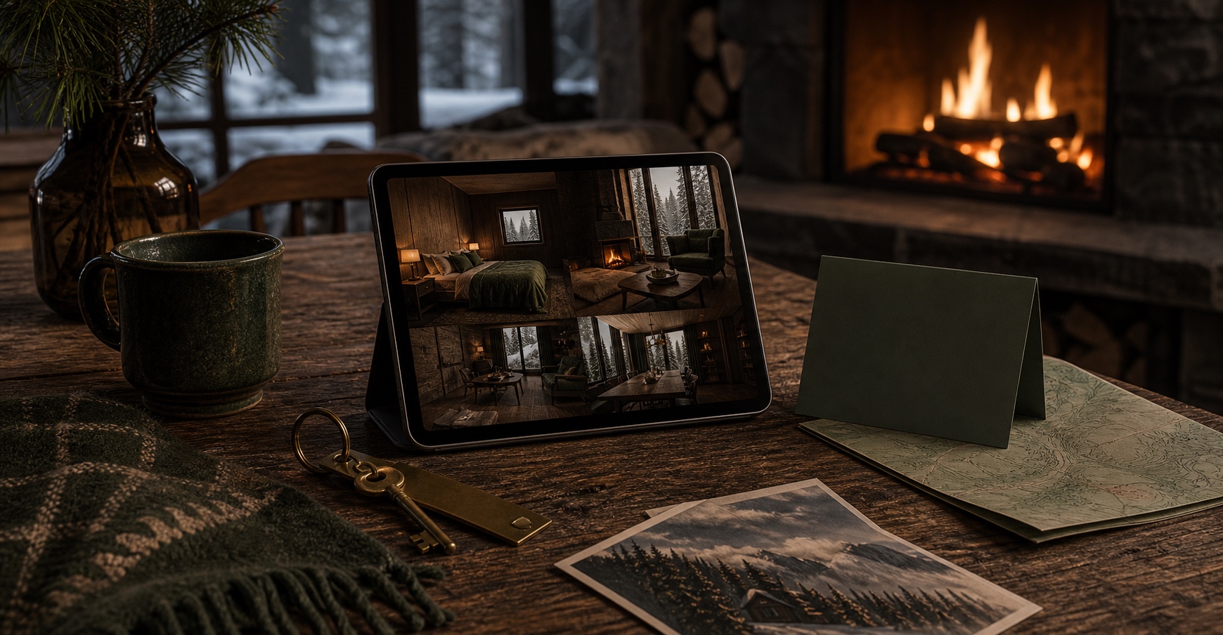 A tablet and reservation card beside the room key, with a wool blanket and fireplace glow