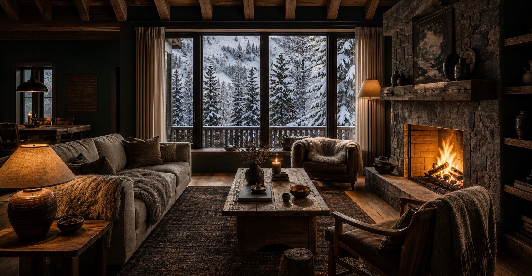 Stone fireplace and wool-draped common room facing snowy pines at Fjellro House
