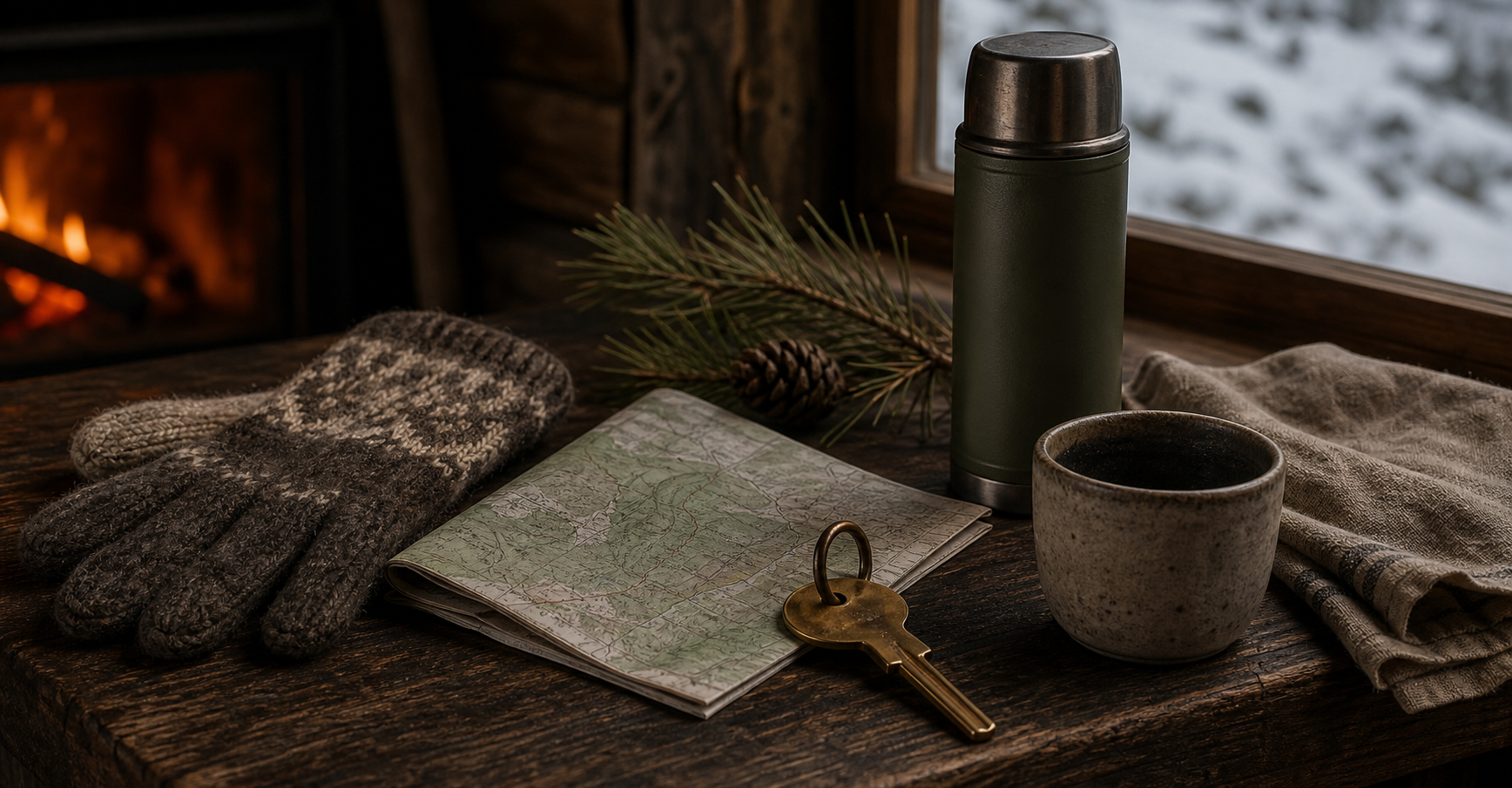 A brass room key, folded trail map, wool gloves, and a thermos resting on linen