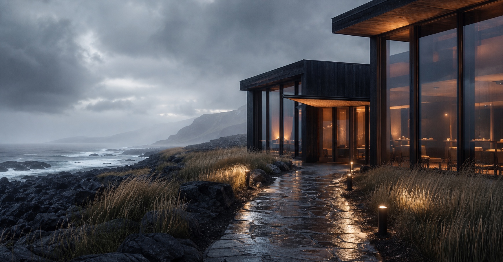 Wet stone path to a black timber and glass facade glowing warm against sea mist