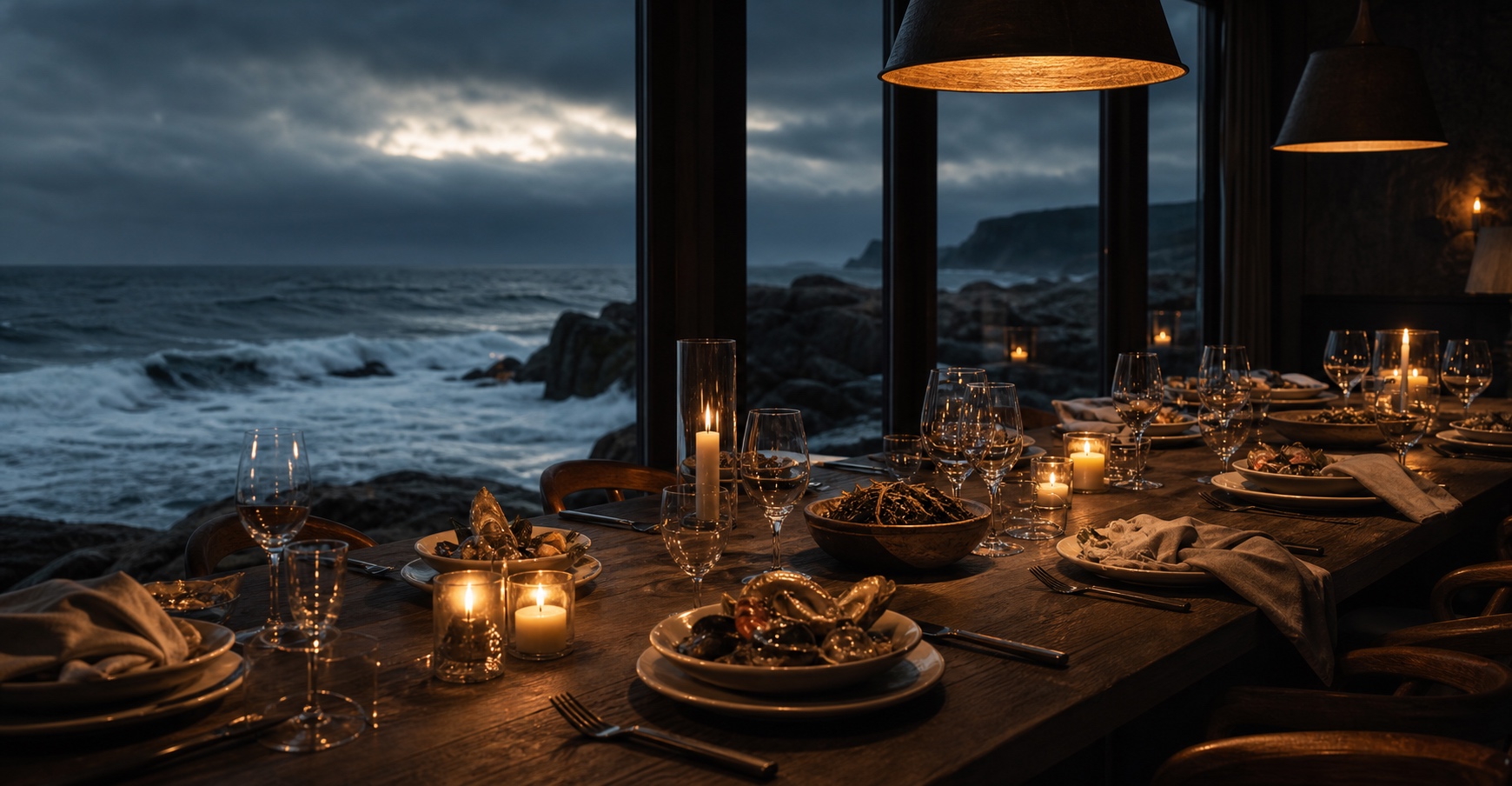 Candlelit dining room with a long dark table and the storm sea through the windows