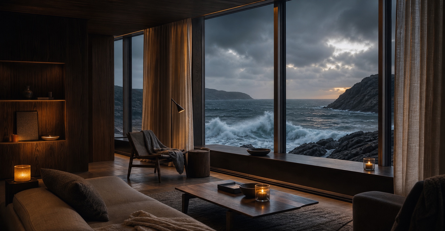 Candlelit dark-timber room facing a stormy sea through tall windows at Vela House