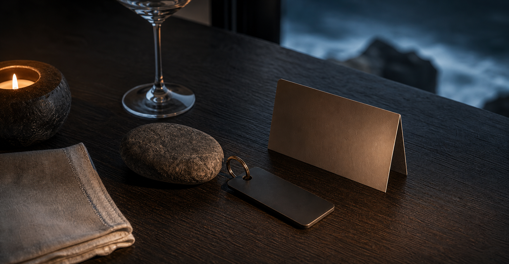 A candlelit dinner card, brass key, and sea-weathered stone on dark timber above the sea