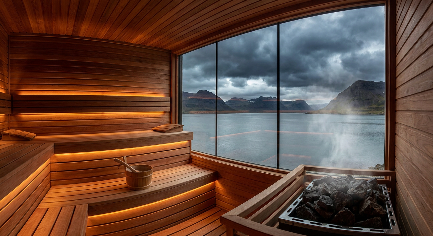 Cedar sauna interior with panoramic coastal fjord view