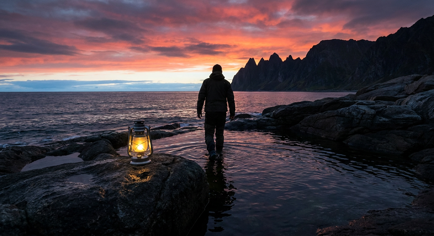 Guest entering a coastal rock plunge pool at twilight