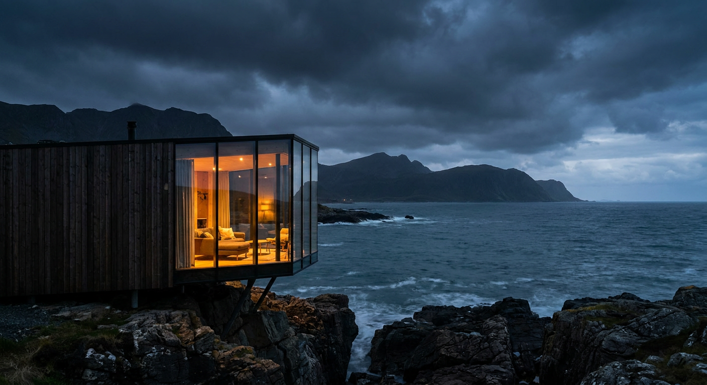 Coastal Vela House architecture set into rocky cliffs at dusk