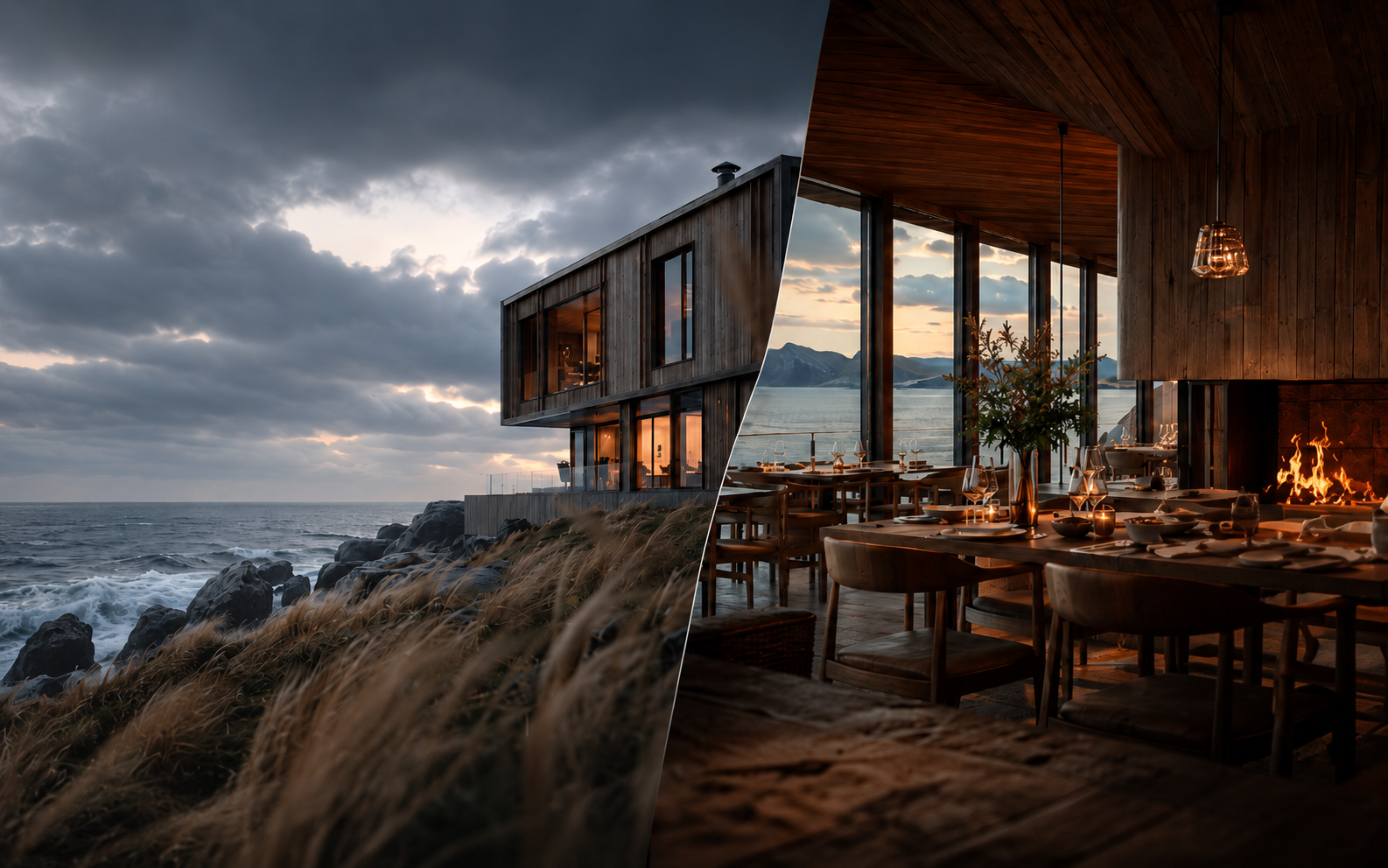 Vela House coastal lodge and warm dining room divided by a diagonal architectural split